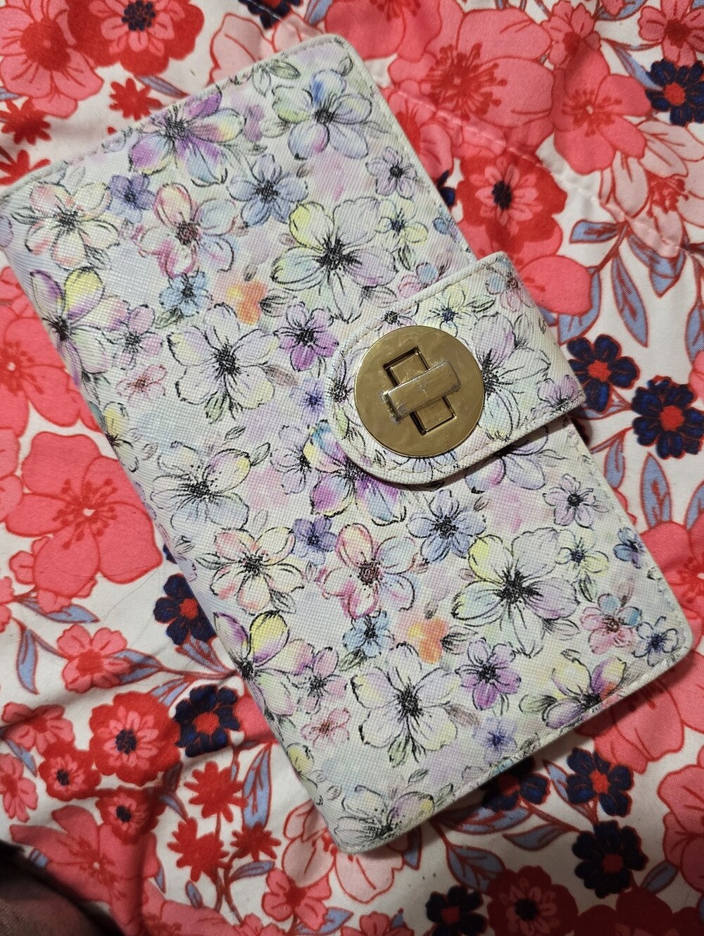 Floral Multicolor Wallet with Turn-Lock Closure